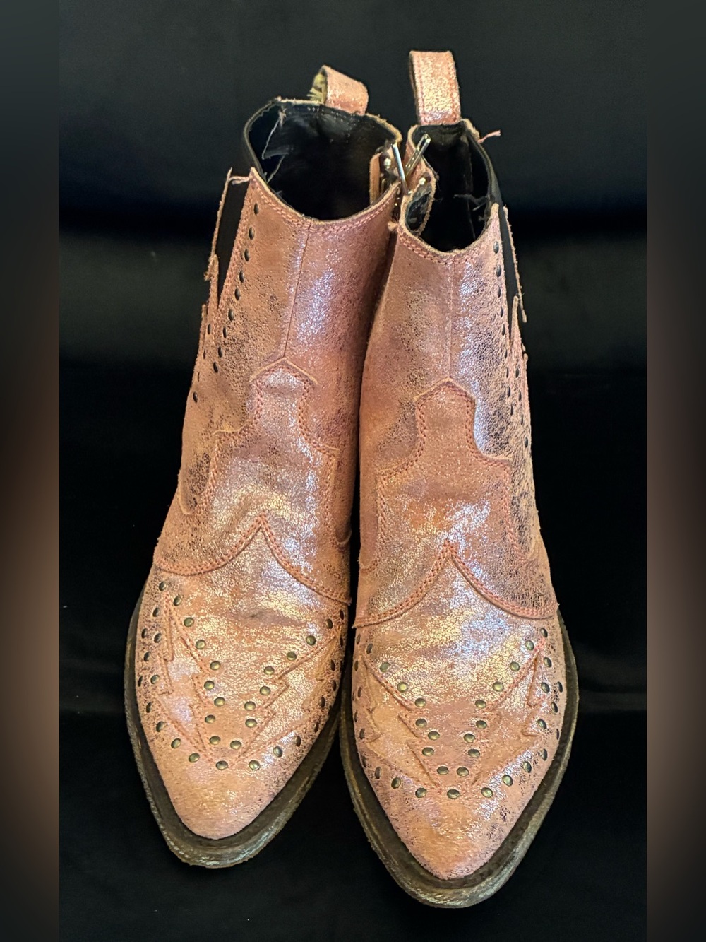 Liberty Black Albina Rosa Pink Metallic Studded Western Ankle Boots Sz 10